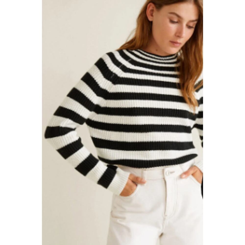 Mango Black and White Striped Mock Neck Sweater